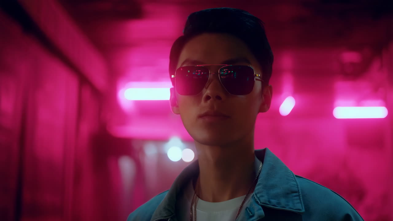 A young man in reflective sunglasses and a denim jacket under vibrant pink neon lights