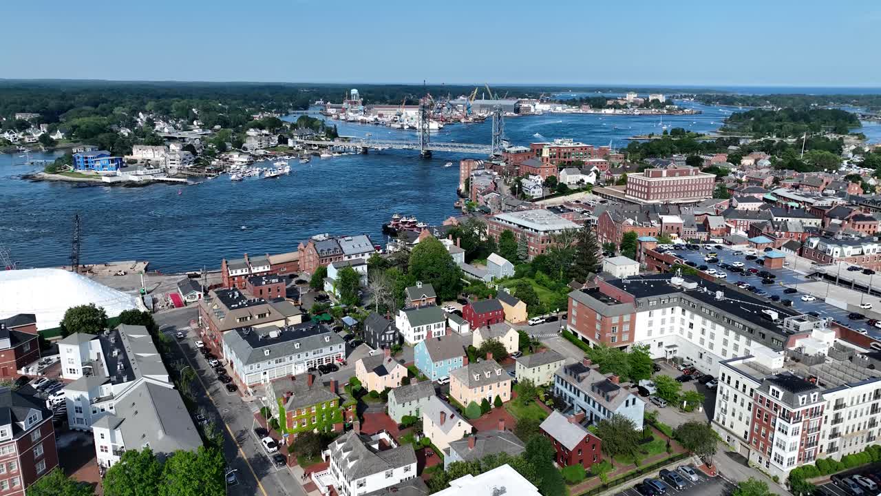 Drone view of Portsmouth, New Hampshire and Kittery, Maine seaport on a sunny day