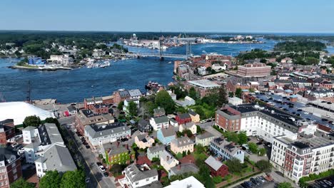 drone view of portsmouth, new hampshire and kittery, maine seaport on a sunny day