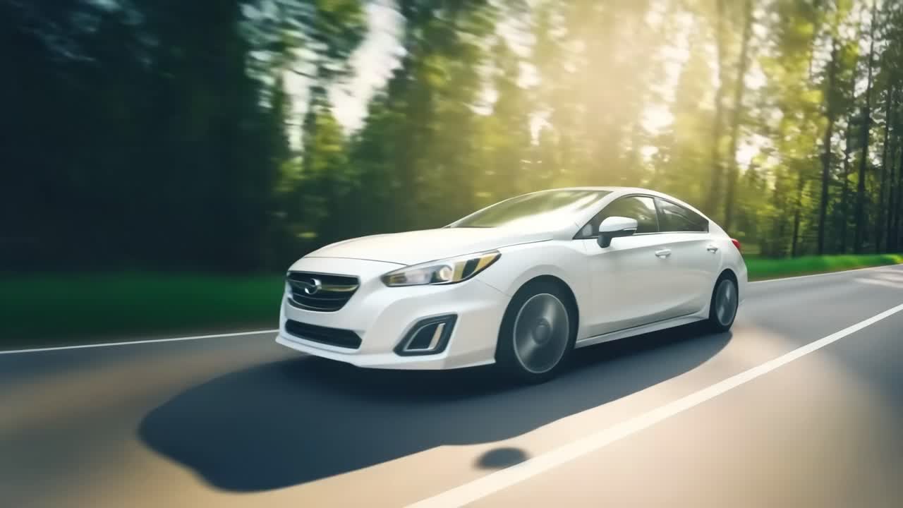 Dynamic video shot of a white car speeding on a forest road, captured from a low side angle