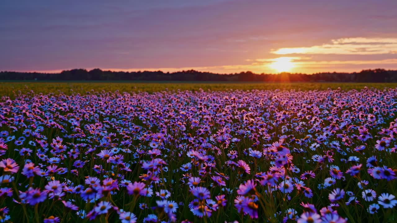 Um vídeo grande angular captura um campo vibrante de margaridas roxas ao pôr do sol, criando um ambiente sereno