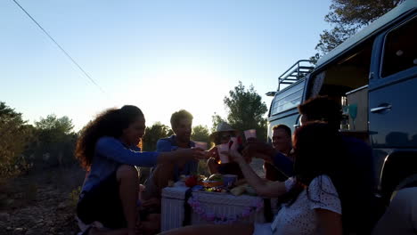 friends making a toast at a picnic beside their camper van