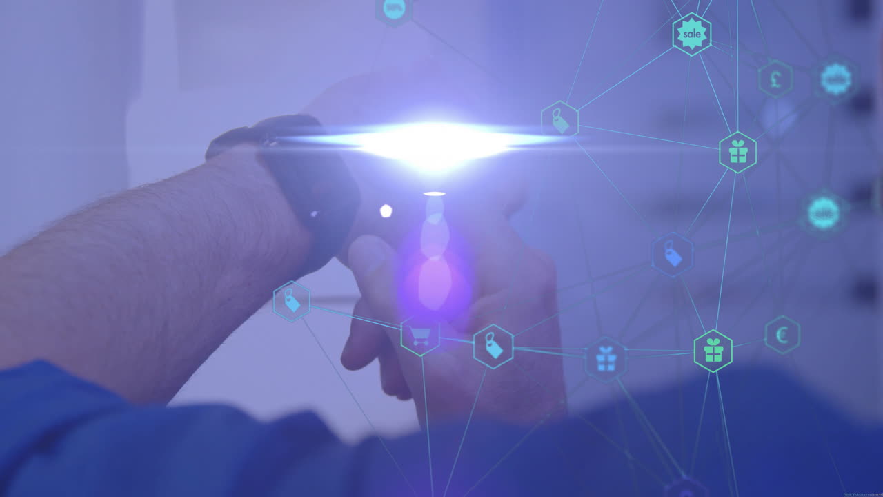 Interacting with smartwatch, person looking at animation of digital network icons