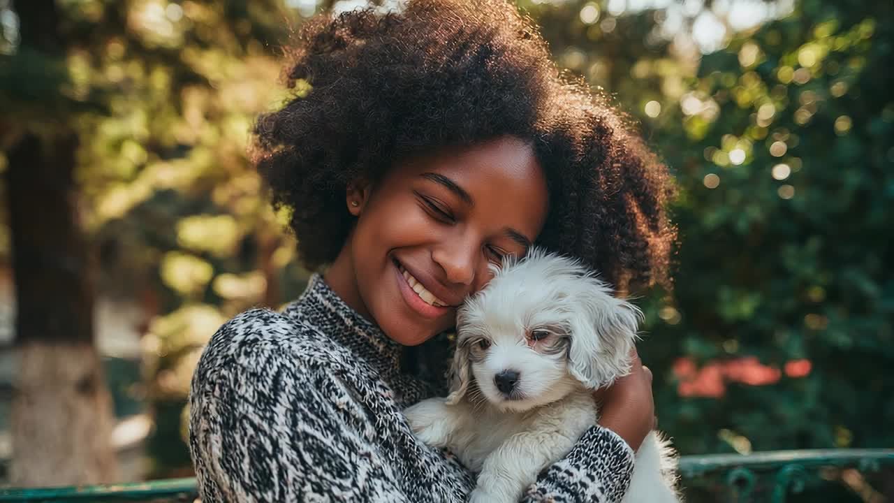 Young woman smiles while holding a small puppy in a green park