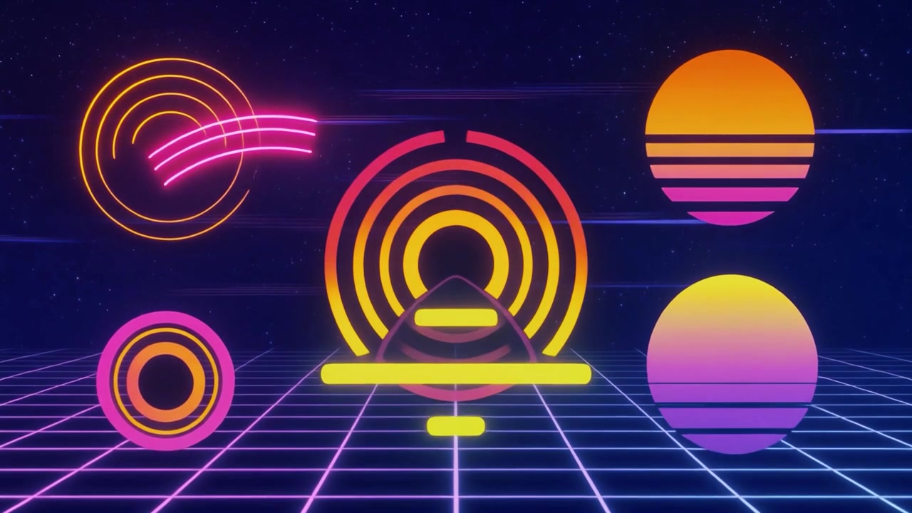 Forme geometriche neon vibranti che pulsano in una griglia synthwave retrò