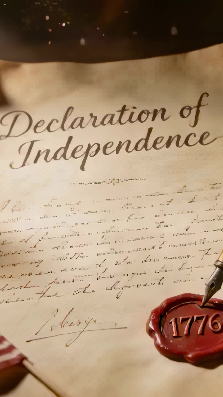 Vertical video: Shifting light, Declaration of Independence parchment, pen nib nearing 1776 seal