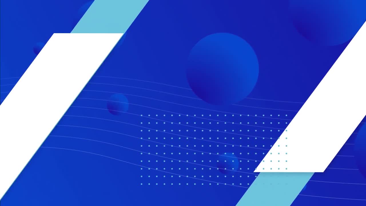 formas geométricas, rayas y bolas azules que se mueven sobre un fondo azul