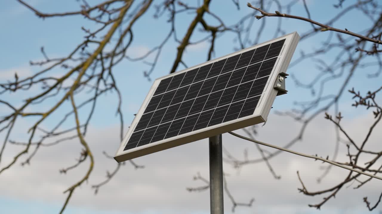 Small solar panel mounted in a rural area with blue sky background