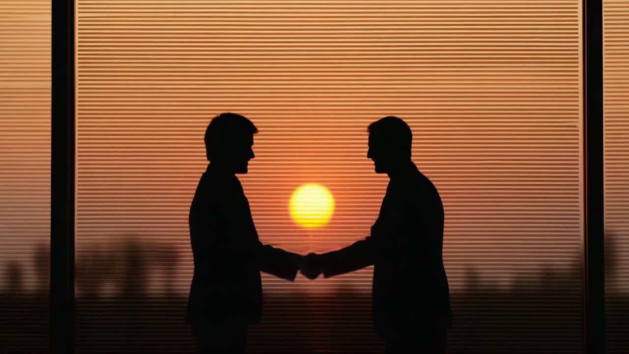 Two Silhouetted Figures Engaging in a Handshake Against a Stunning Sunset Backdrop, Symbolizing Agreement and Cooperation Amidst a Beautiful Twilight Scene