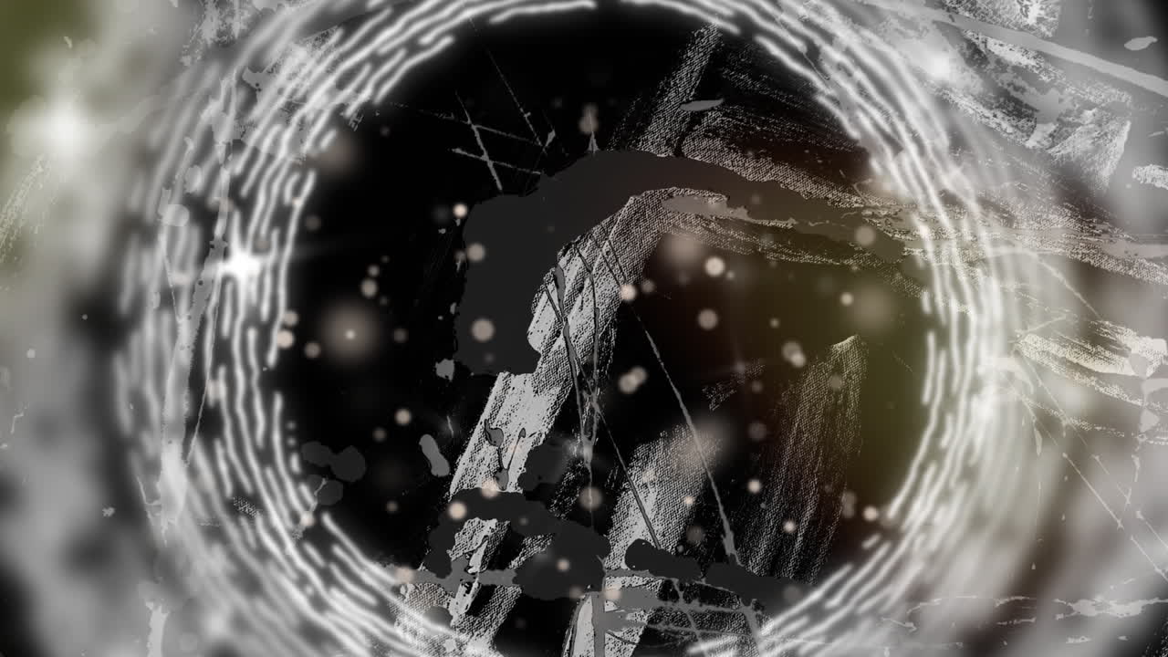 검은 바탕에 움직이는 유기적인 색 질의 움직임 위에 반이는 빛 입자의 애니메이션