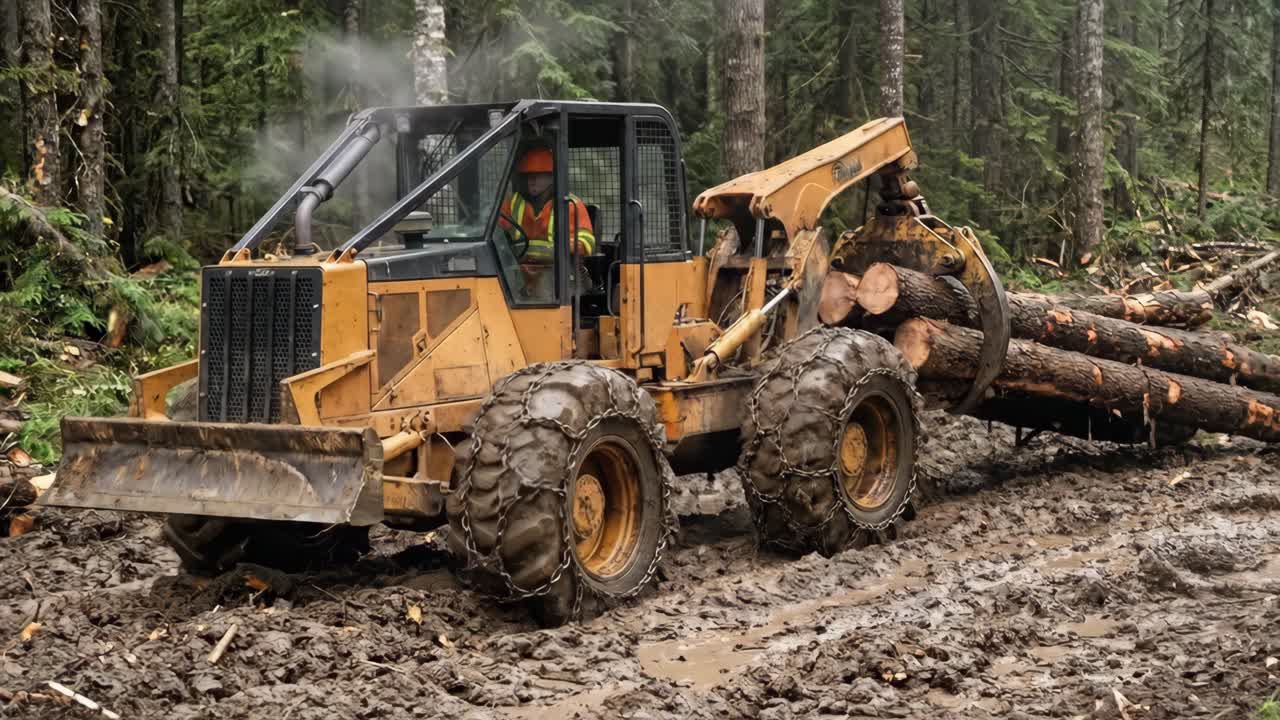Heavy Logging Machine Transporting Logs on a Muddy Forest Path