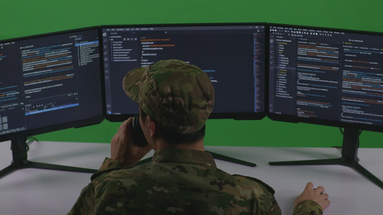 Back View Of Asian Man Soldier Developer Drinking Coffee And Using Computer To Write Code With Multiple Screens In Green Screen Studio