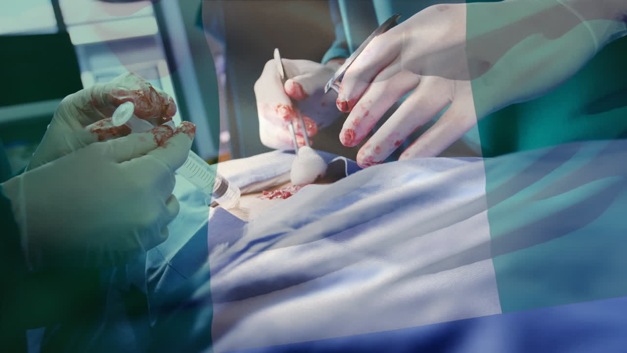 수술실 에서 외과 의사 들 위 에 날려 있는 나이지리아 의  ⁇ 발 의 애니메이션