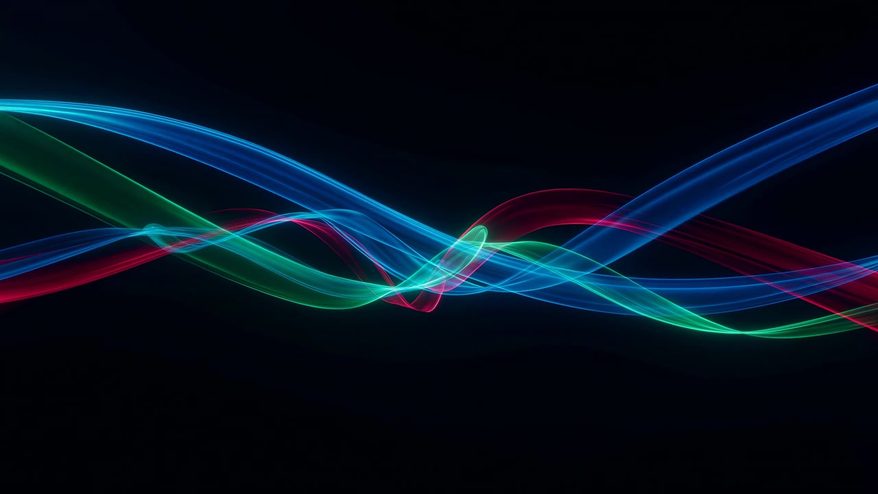 Colorful Light Ribbons Moving Across Black, Layered Neon Waves In Blue Green Red, Fluid Motion And Glowing