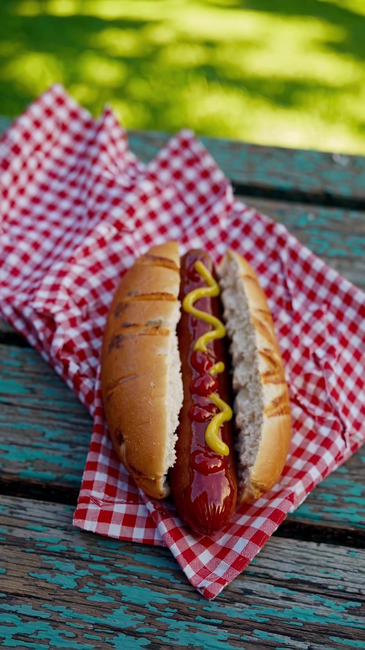 Hot Dog Classico con Ketchup e Senape su un Tavolo da Picnic