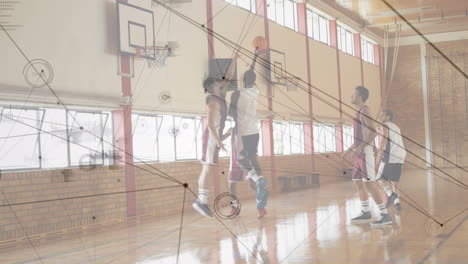 animation of network of connections over basketball match in gym