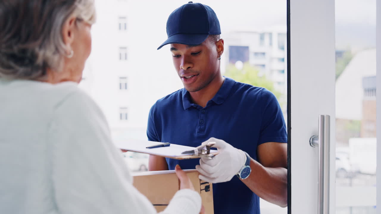 mujer mayor feliz, repartidor y firmar para la caja