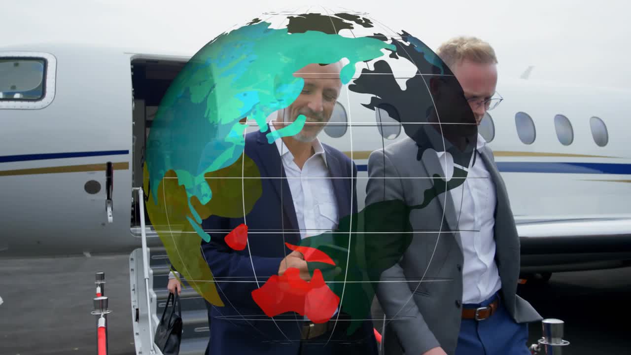 Two men walking down tarmac after jet exit, rotating globe revealing phone, briefcase for business