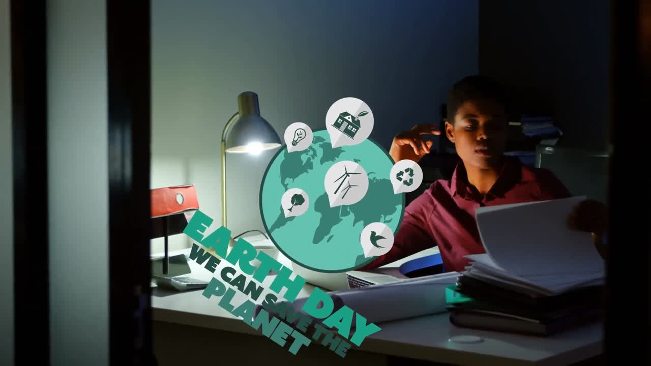 animación del día de la tierra sobre una cansada mujer afroamericana trabajando hasta tarde en la oficina