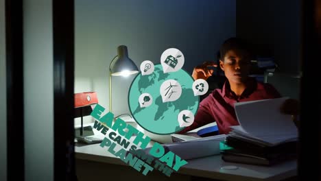 animation of earth day over tired afican american woman working late in office
