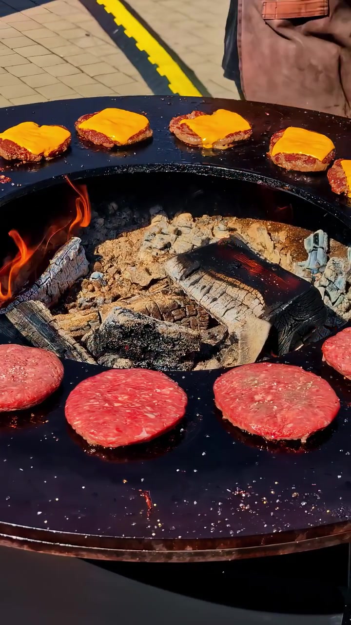 Patty daging sapi mentah dan matang dengan keju dipanggang di atas panggangan barbekyu bundar besar menggunakan api kayu bakar