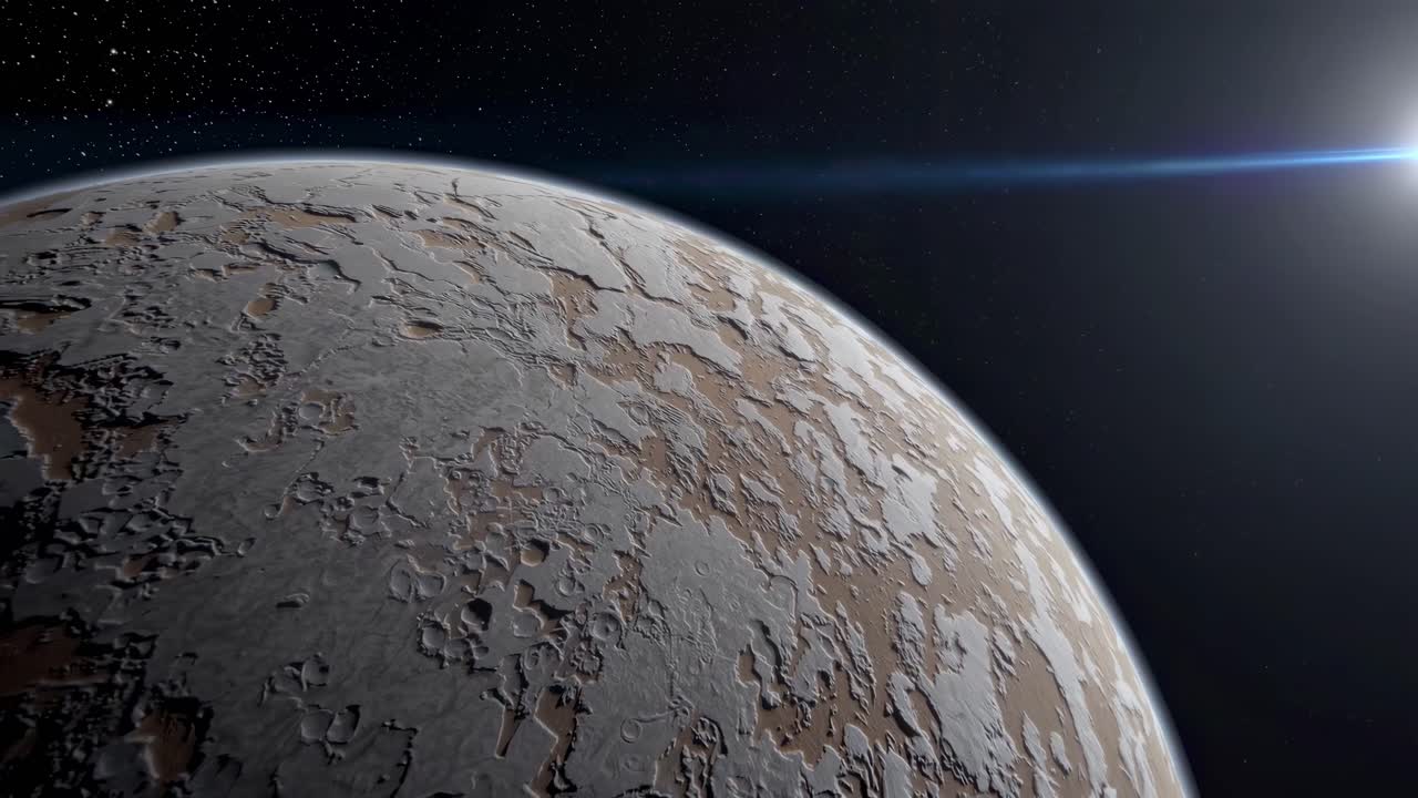 A cinematic video shot of a barren planet surface from a low-angle perspective, showcasing a distant
