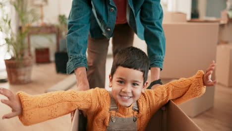 padre, empujar al niño y la caja en el nuevo hogar para los juegos
