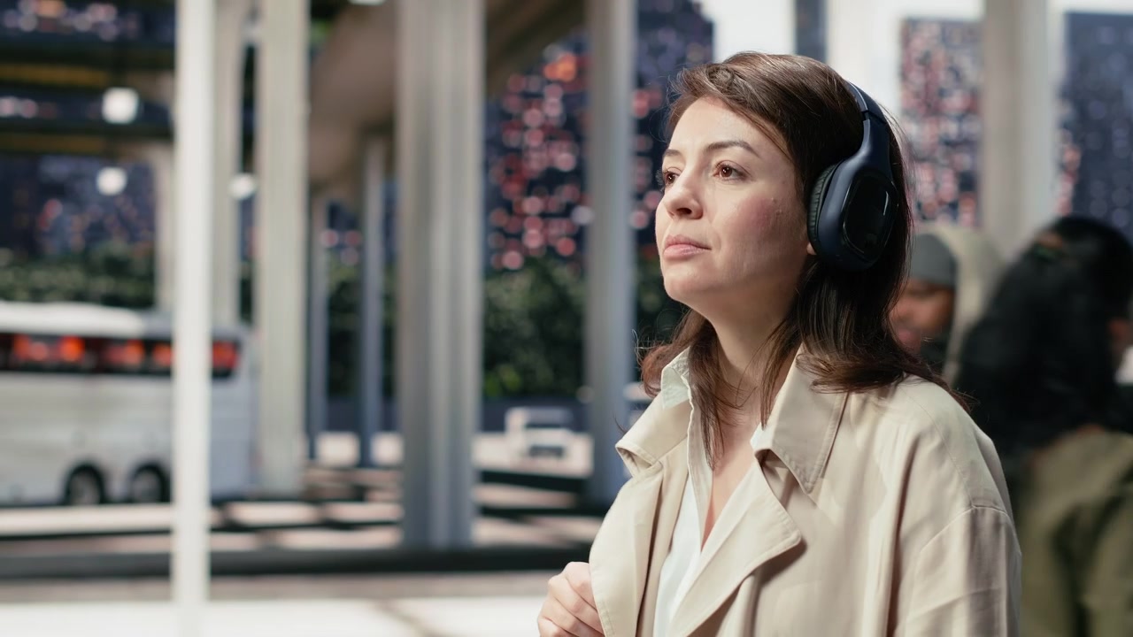 Close up of relaxed woman wearing headphones while walking to bus terminal