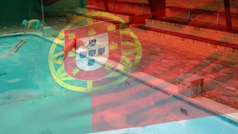 animation of flag of portugal over happy caucasian friends having fun at swimming pool