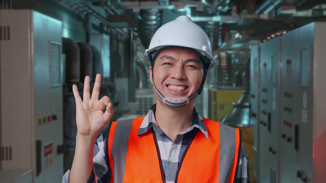 Close Up Of Asian Male Engineer With Safety Helmet Smiling And Showing Okay Gesture To The Camera While Standing In Engine Control Room, Work Of Electrical Generators