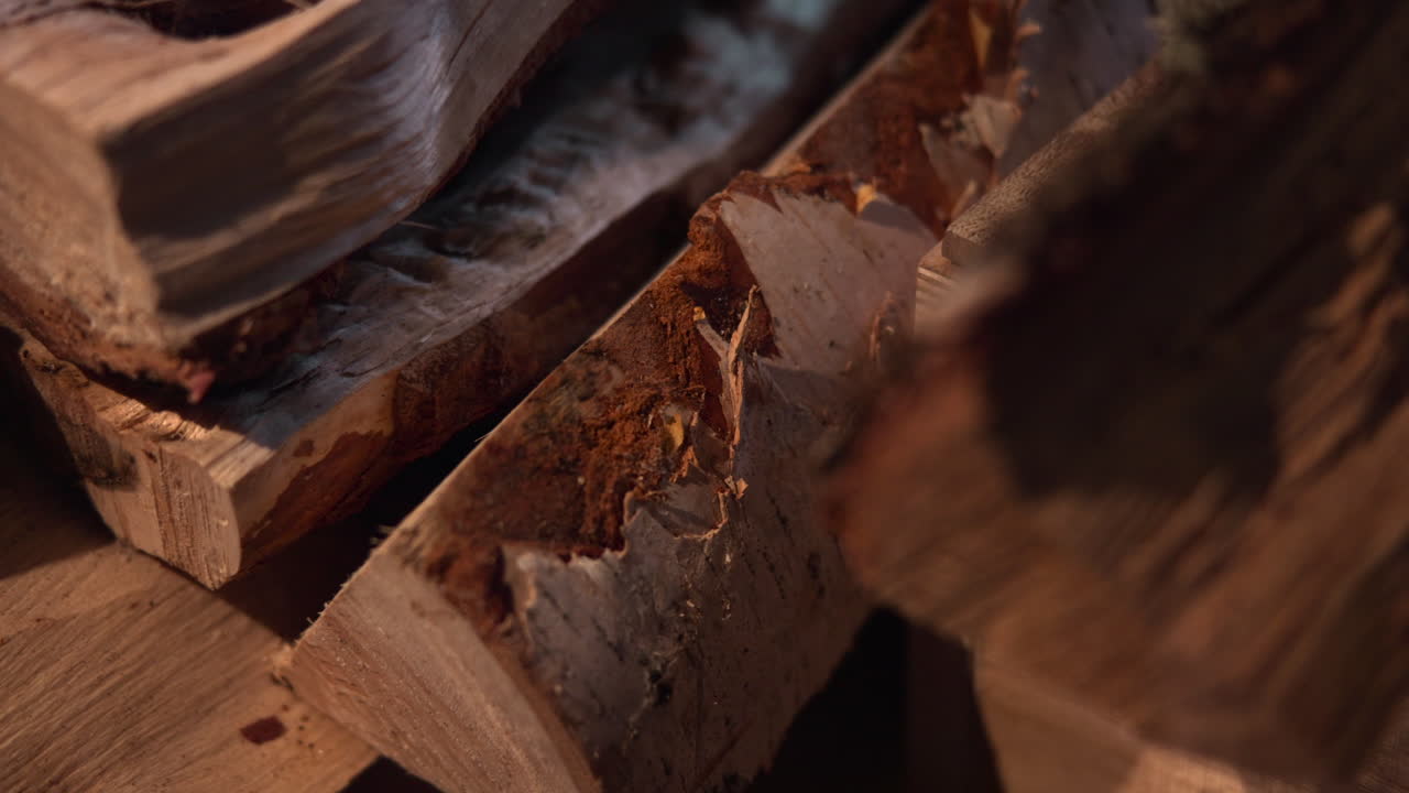 Stacked Split Logs With Warm Grain And Bark, Seasoned Hardwood Closeup Showcasing Texture And Depth, Cozy. Media