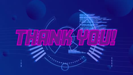 animation of thank you text over loading circles, computer language and circles on blue background