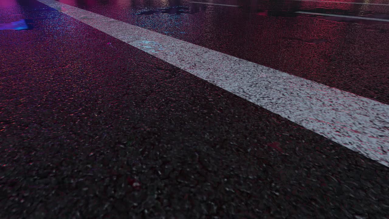 3d 강우가 밤에 도로에 부히는 - 4k 현실적인 비 입자 (loopable) - 교통과 함께 다채로운 거리에서 비가 오는 날 - 밤에 은 도로 - 비가 내리는 낮은 각도  - 도로에 비와 반사 - loopable 움직이는 이미지 - 중국 - 홍콩