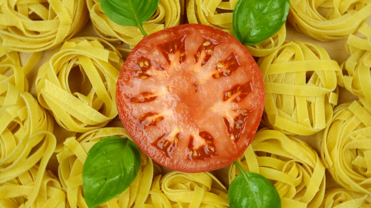 건조한 타글라텔레 파스타, 바질 잎으로 장식하고 원의 중앙에 토마토를 잘라 시계 반대 방향으로 회전합니다.