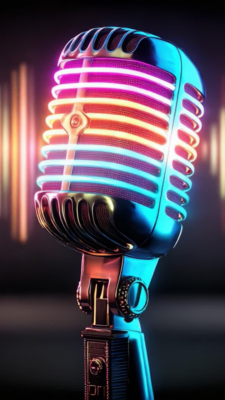 Un microfono retrò che emette luci vibranti, catturato perfettamente in due fotogrammi che mostrano l'essenza della musica e della performance, irradiando energia e creatività.