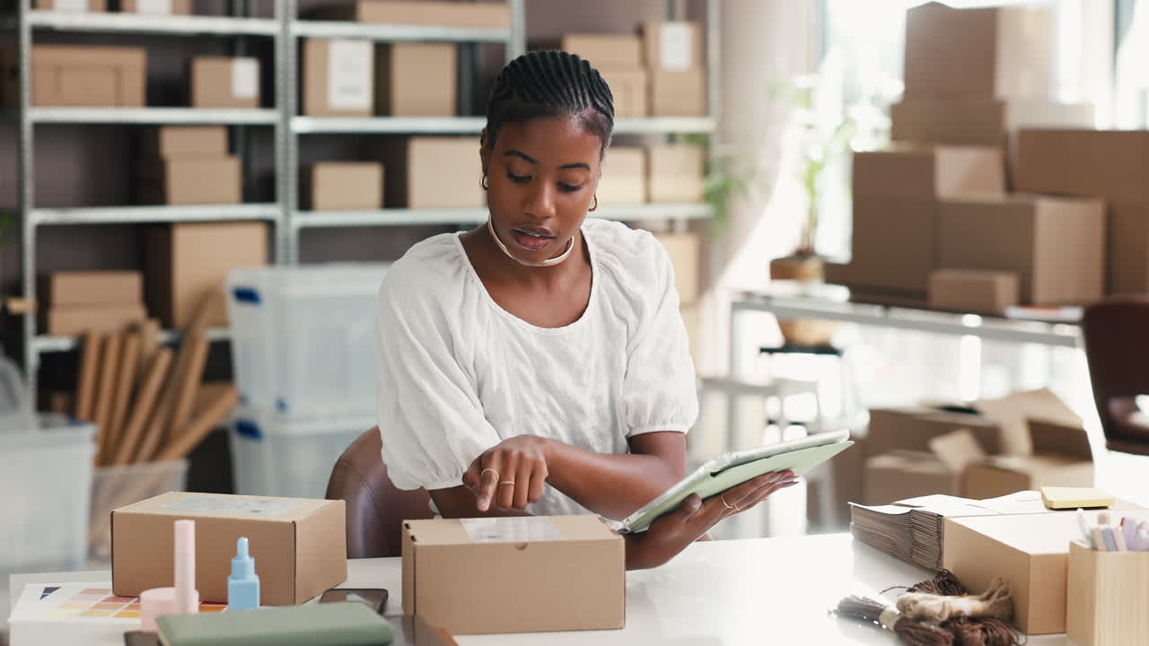 Jeune femme noire gérant les commandes en ligne avec une tablette et des cartons d'expédition