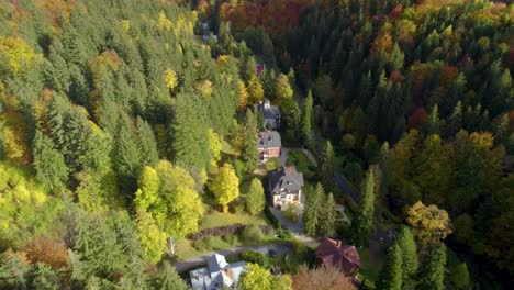 aerial approach to the beautiful swiss-style village hidden in the mountain forest in autumn