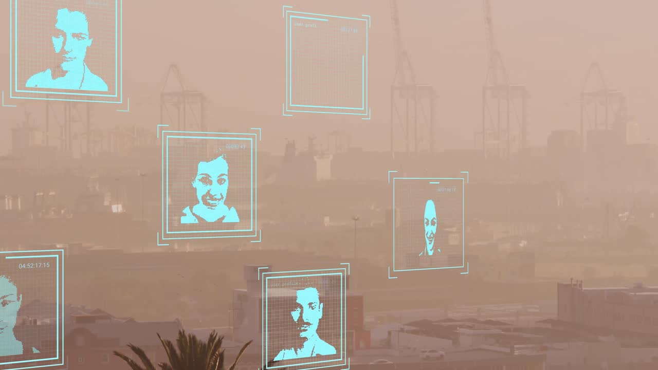 animación de fotos biométricas y procesamiento de datos sobre el paisaje urbano