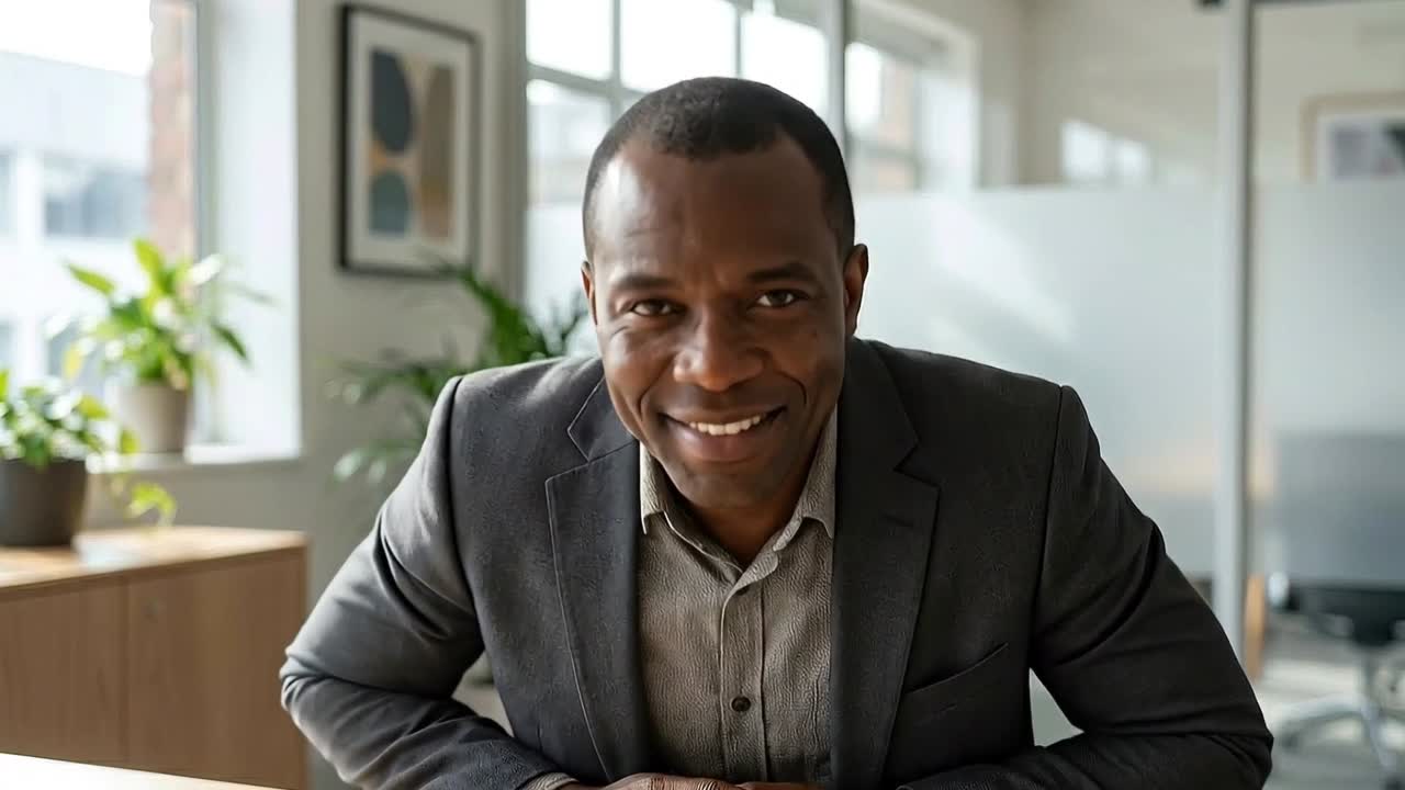 Selvsikker afroamerikansk forretningsmand smiler og ser ind i kameraet på kontoret.