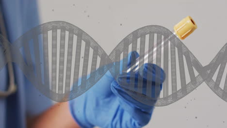 animation of dna strand over biracial female doctor holding test tube