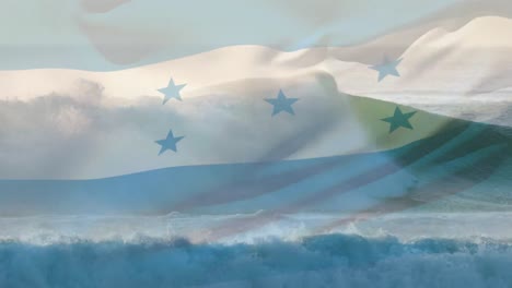 digital composition of waving honduras flag against waves in the sea