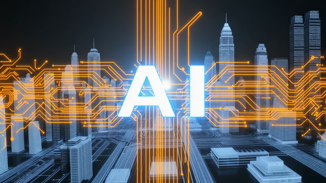 Animating glowing blue AI letters emerging on grid, weaving orange circuitry through skyline