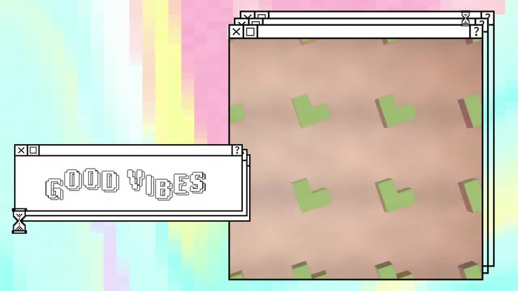 Animation of good vibes text and computer screens over neon pattern background