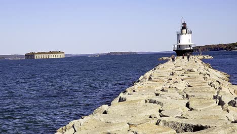Spring Point lighthouse withextra building in South Portland, Maine