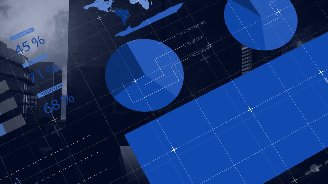 animación de la interfaz infográfica sobre varios edificios contra el cielo nublado.