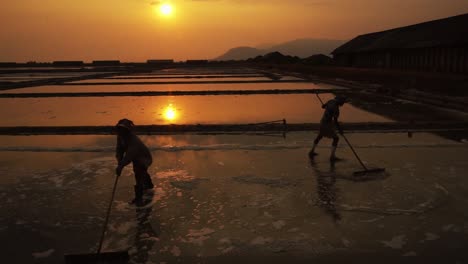 a pair of workers raking salt into mounds for harvest silhouetted against the golden evening sunset