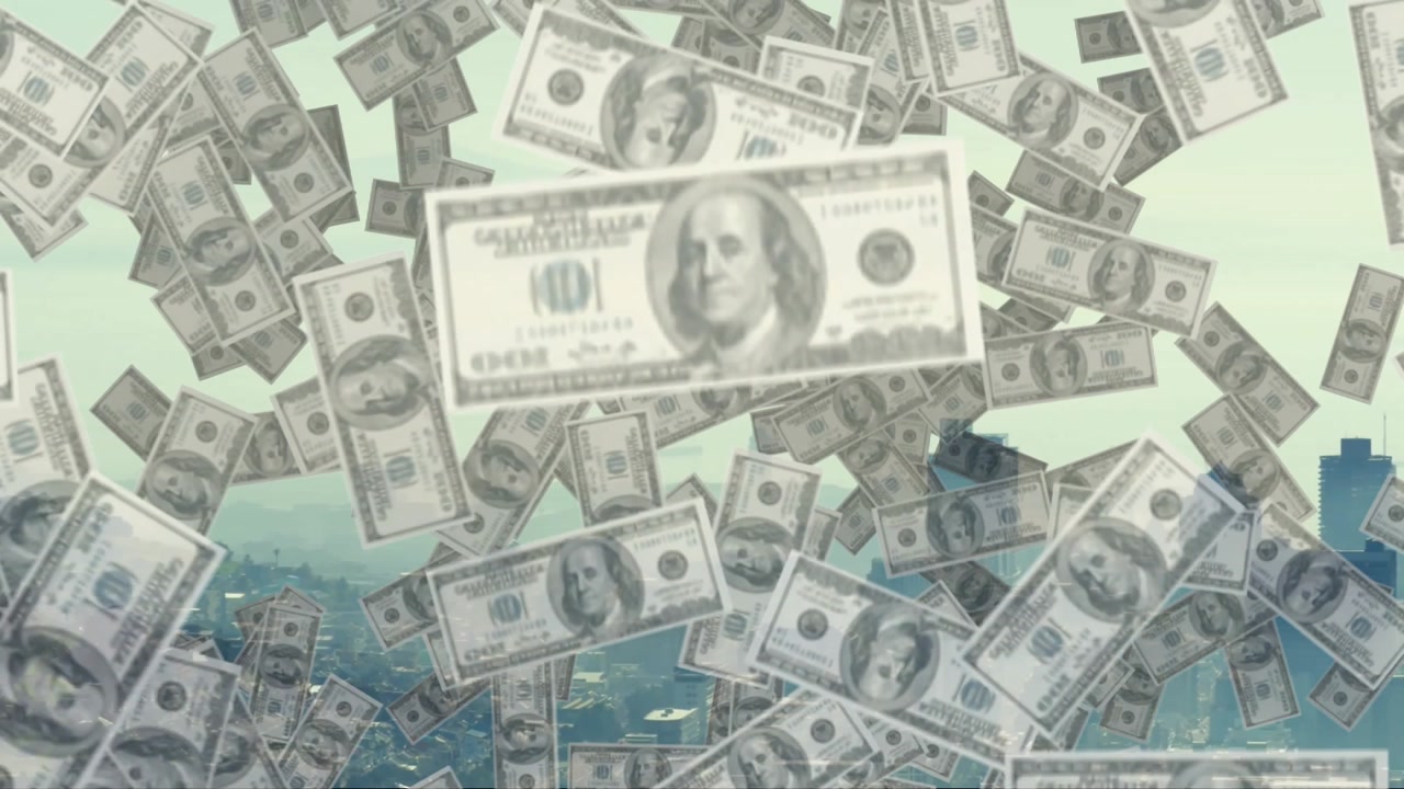 Hundred-dollar bills floating through hazy urban skyline in 3D render finance illustration