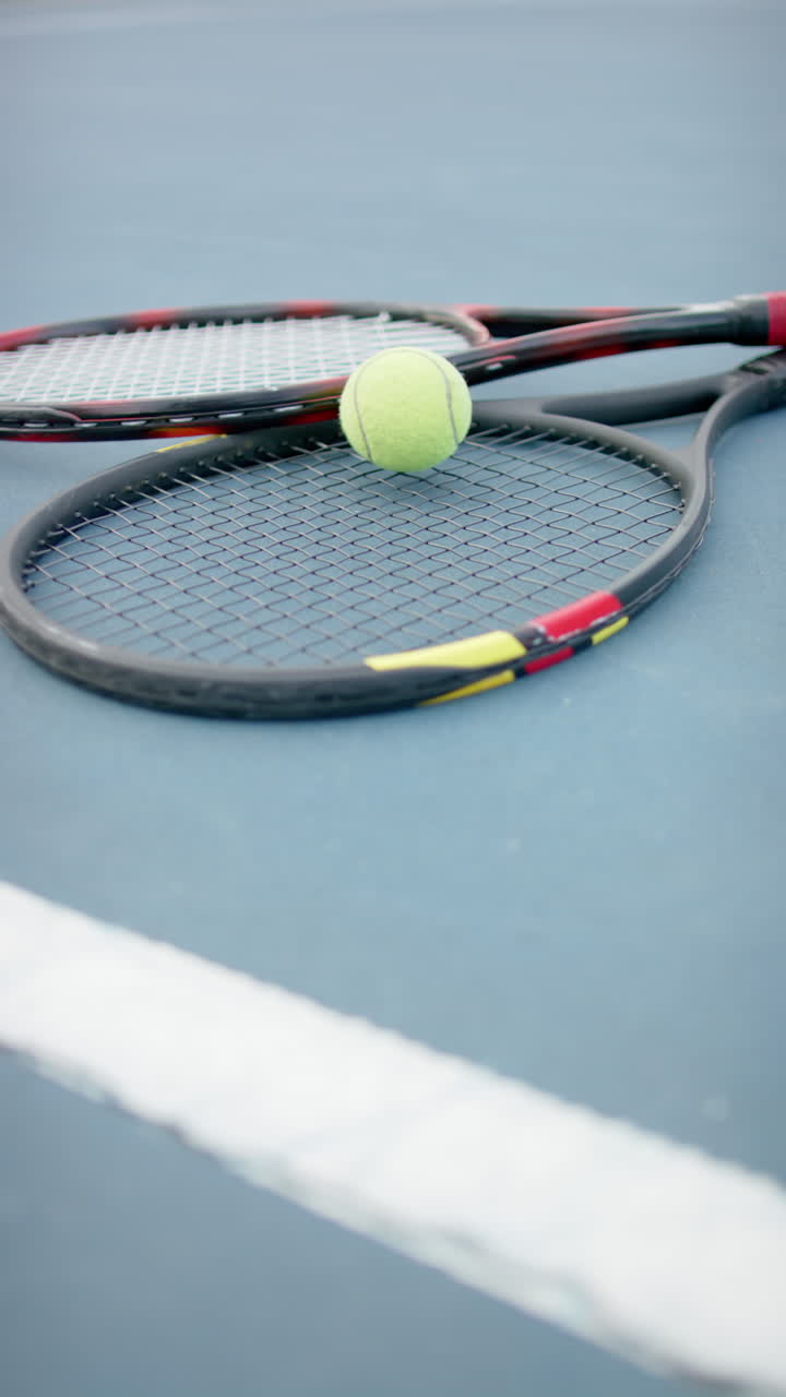 Vertical video of close up of tennis rackets and ball in slow motion