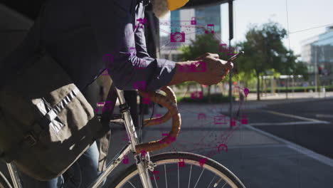 man leaning on bicycle using smartphone on city sidewalk, showing magenta technology network