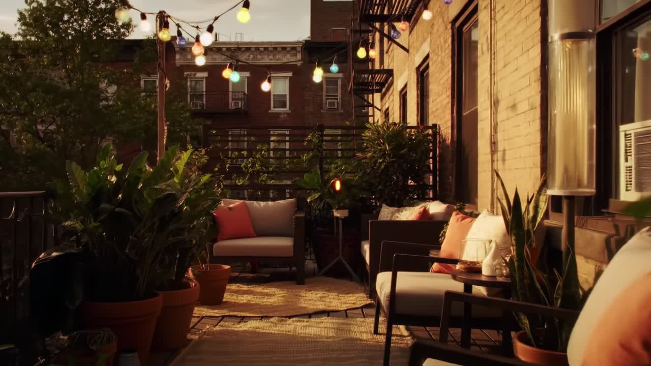 Relaxing Urban Balcony Scene with Colorful Lights and Cozy Seating Surrounded by Lush Greenery, Perfect for Evening Gatherings and Tranquil Moments